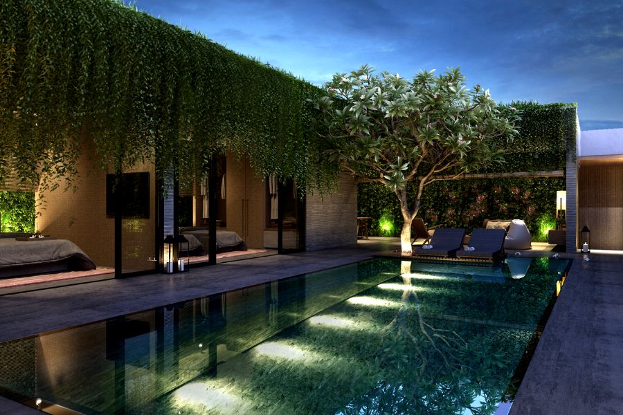 casa con piscina iluminada